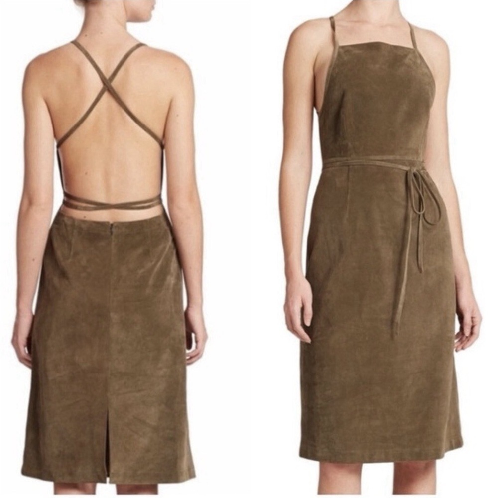 Theory Lilita Suede Brown Olive Strappy Backless Suede Midi Dress Size 00 zip